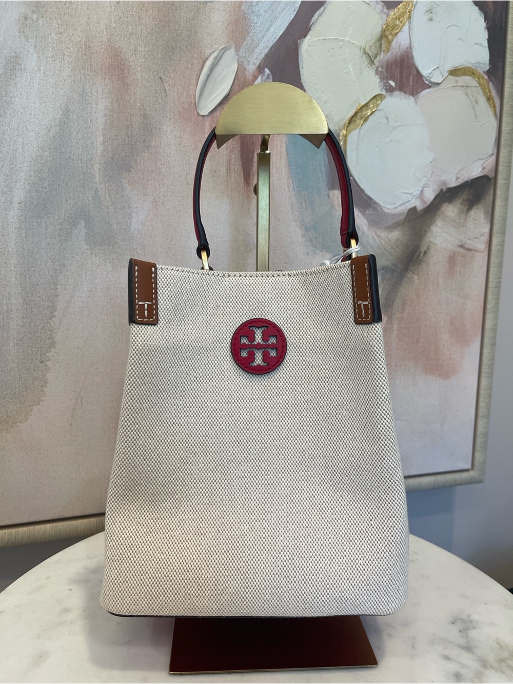 NWT Tory Burch Blake Canvas & Leather Bucket Bag in Natural/Red